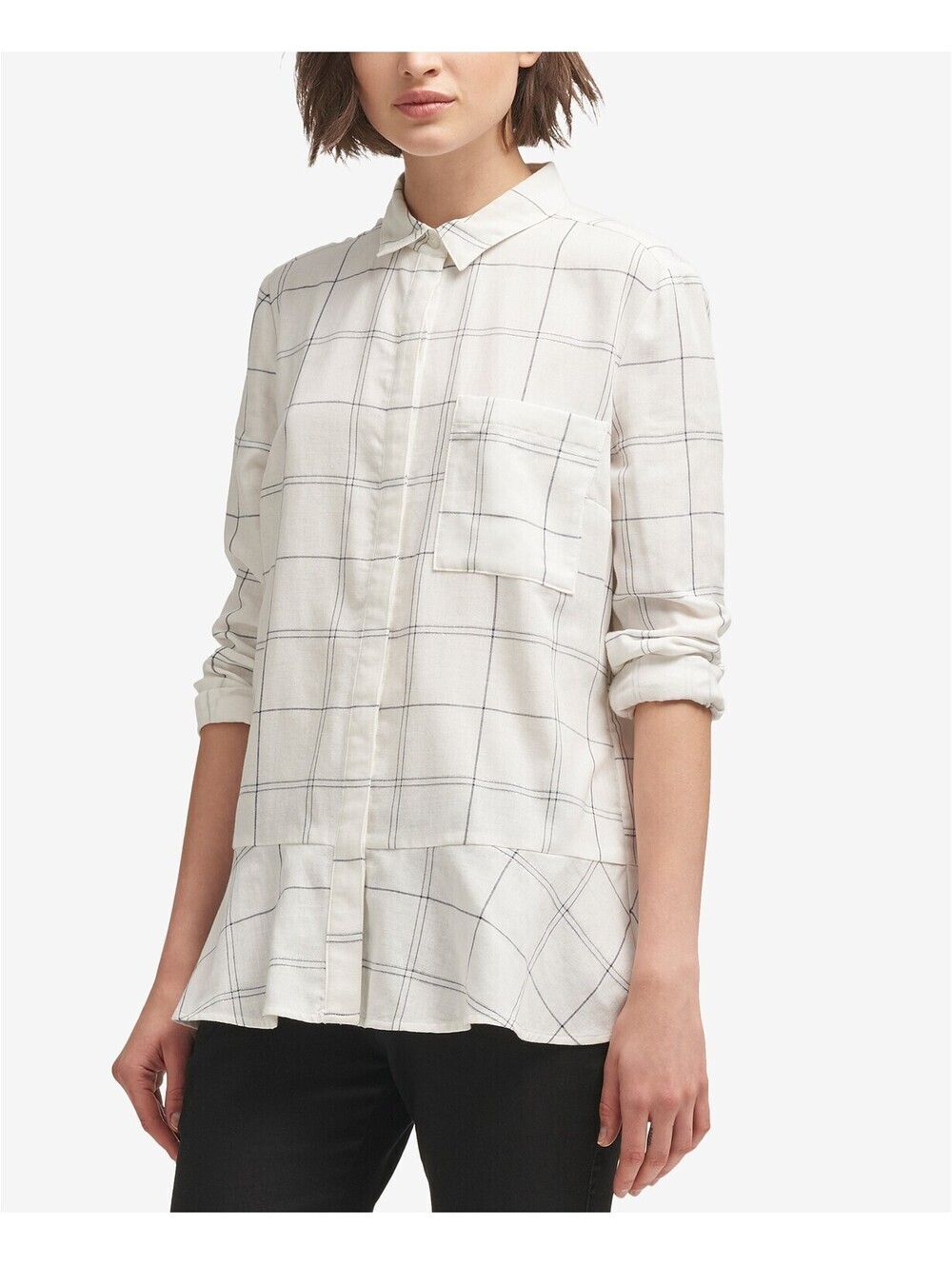 DKNY Womens Plaid Peplum Button-Up Shirt Size L